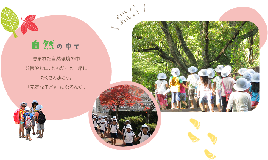 自然の中で 恵まれた自然環境の中公園やお山、ともだちと一緒にたくさん歩こう。「元気な子ども」になるんだ。